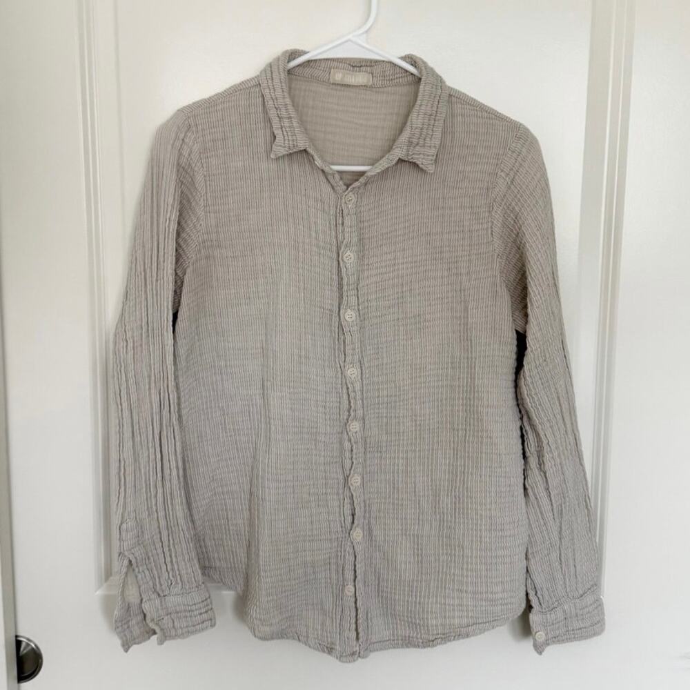 CP Shades Gauzy Cotton Button Down Micro Stripe Shirt Tan Beige Small